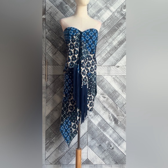 BCBG MAXAZRIA ENID PACIFIC BLUE PATCHWORK ASYMMETRICAL DRESS with FRINGE NWOT - Picture 5 of 11